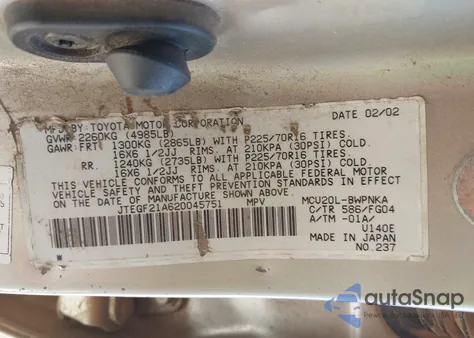 2002 Toyota Highlander V6 из США, поврежденный, VIN JTEGF21A620045751